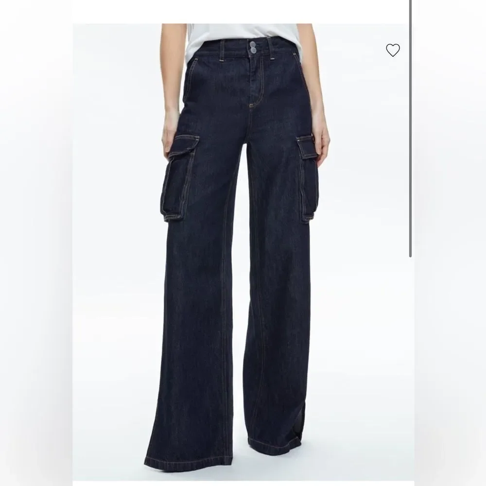 alice + olivia Kal Baggy Cargo Side Slit Dark Rinse Jean